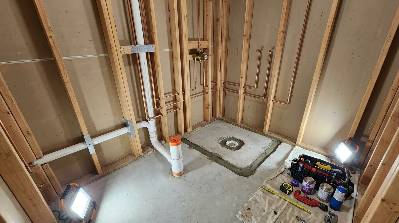 Bathroom rough-in plumbing during remodel by Johns Plumbing LLC in Chico
