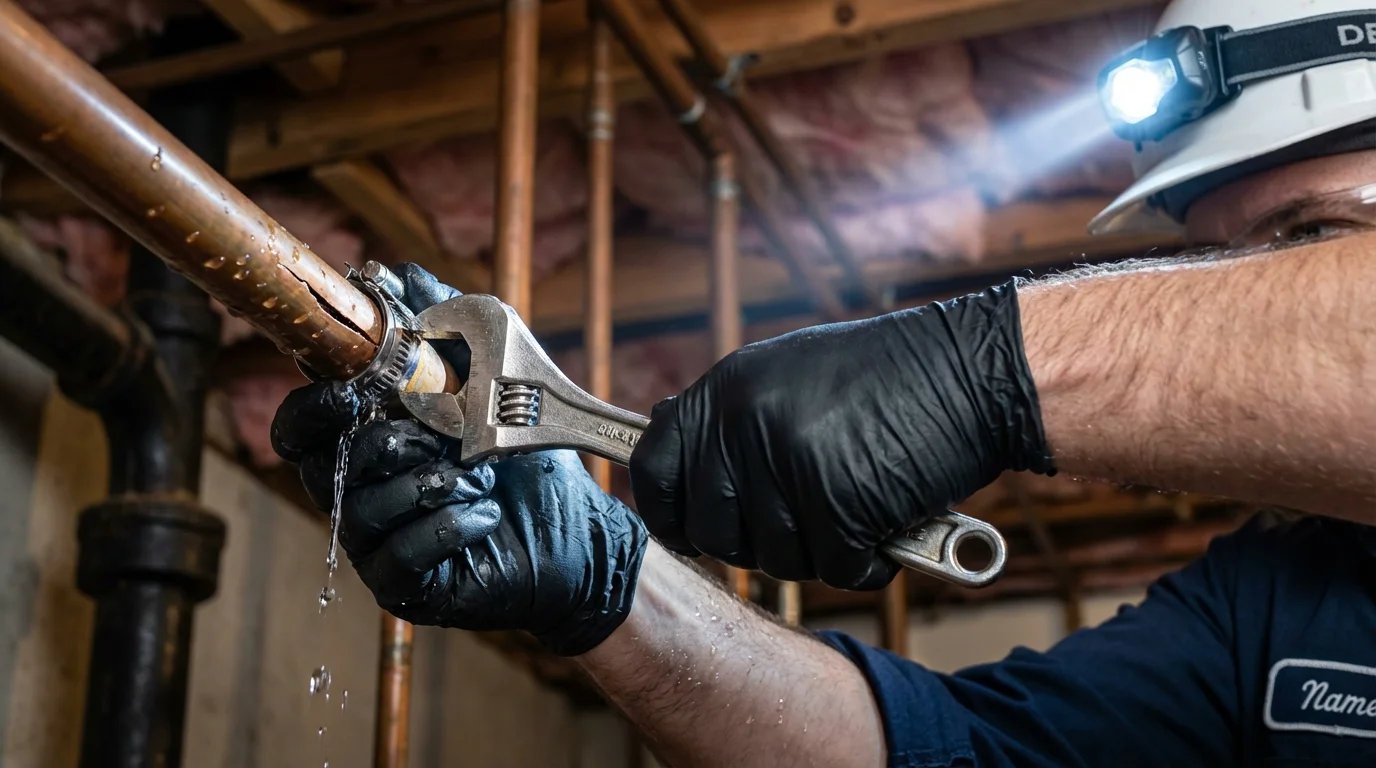 Emergency pipe clamp repair being performed by a Johns Plumbing LLC plumber in Chico