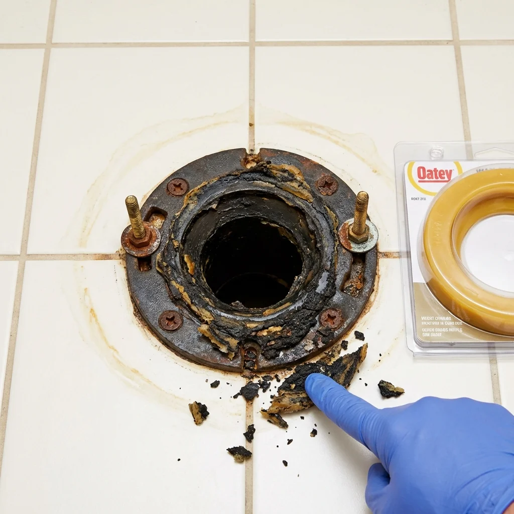 Failed wax ring showing water seepage at the base of a toilet in a Chico, TX home